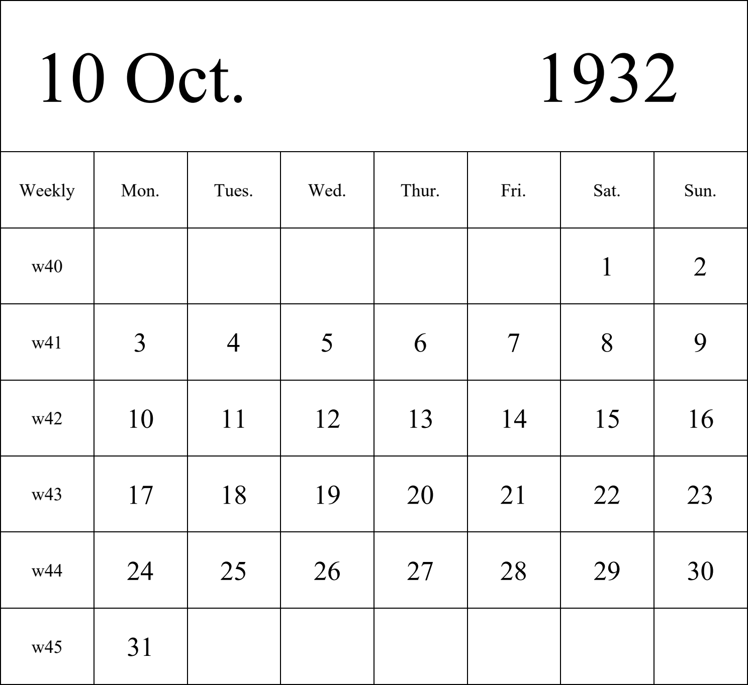 日历表1932年日历 英文版 纵向排版 周一开始 带周数